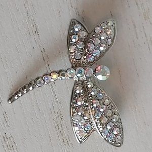 Vintage Rhinestone Dragonfly Brooch Silver Tone